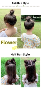 Kids hair bun extension in dark brown synthetic fiber showing different styling results