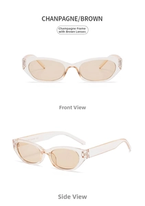 Macro detail of cat-eye champagne frames with brown lenses from multiple angles