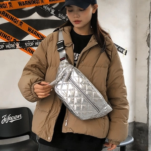 Metallic silver quilted crossbody chest bag for women with wide nylon shoulder strap