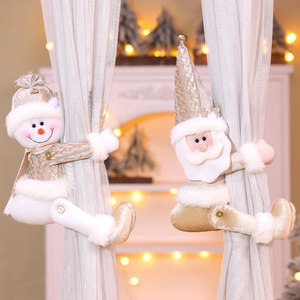 Champagne velvet Christmas curtain tiebacks with plush Santa and Snowman figures