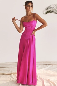 Detailed close-up of rose red satin backless maxi dress with delicate spaghetti straps