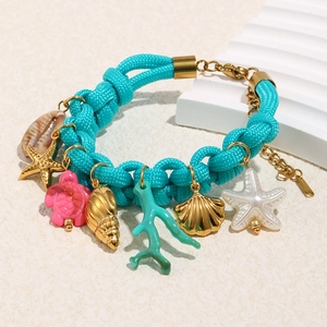 Ocean Theme Pendant Necklace Blue Woven Rope 18K Gold Plated Stainless Steel Starfish Turtle Shell Summer Beach Jewelry