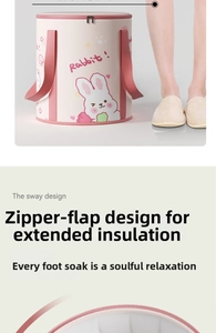 Detail of pink folding foot spa bucket with zipper lid and cute rabbit pattern