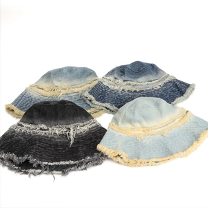 Fashionable denim bucket hats for women with frayed edges and distressed color patchwork styles