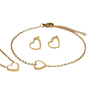 Golden heart jewelry set with necklace bracelet and earrings on white background