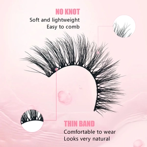 7 pairs of natural black false eyelashes with thin bands on a soft pink background