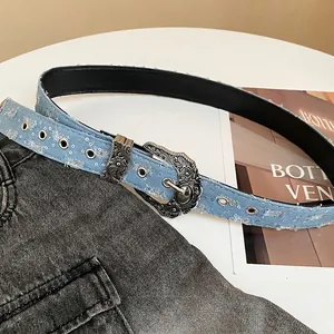 Western vintage denim waist belt with star hollow design and floral carved silver buckle