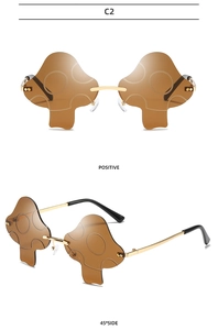 Detailed views of mushroom-shaped rimless sunglasses with brown polka dot lenses and gold frame