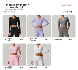 Collage of long sleeve yoga crop tops in black, purple, grey, pink, and white colors