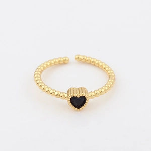 18k gold plated open ring featuring a black heart zircon center on a beaded band