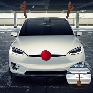 Close-up of plush red nose and brown antlers set for Christmas car decoration kit