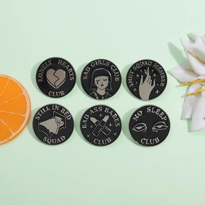 Set of 6 punk enamel pins with various lifestyle slogans and illustrations on green background