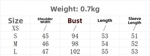 Detailed size chart for women's PU leather jacket with asymmetric zipper and measurements