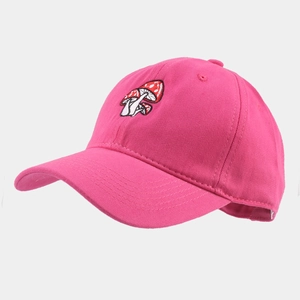 Close-up of three mushroom embroidery on rose red cotton baseball cap with curved brim
