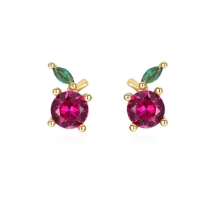 Detailed view of red crystal cherry earrings with gold finish and green leaves