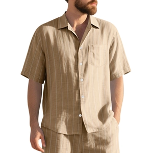 Men's summer cotton linen short sleeve striped shirt set with vertical patterns in light brown
