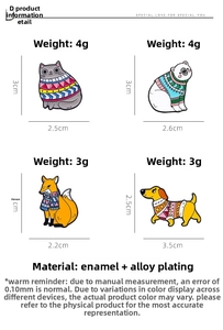Detail view showing cat, fox, polar bear and dachshund enamel pins with dimensions