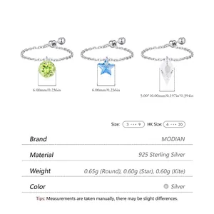 S925 sterling silver adjustable chain rings with colorful geometric zircon pendants