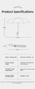 Technical diagram showing 125cm large diameter dimensions of automatic folding umbrella
