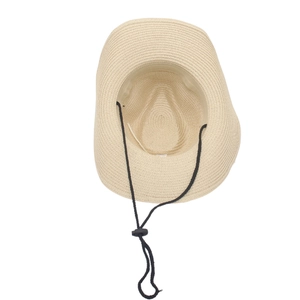 Beige woven straw sun hat with adjustable black chin strap for wind protection