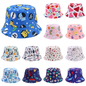 Grid display of children cotton bucket hats with various cartoon animal prints