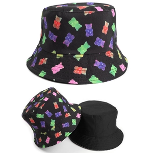 Reversible Bucket Hat Cotton Polyester Cartoon Bear Print Sun Protection Summer Travel Outdoor Streetwear Unisex
