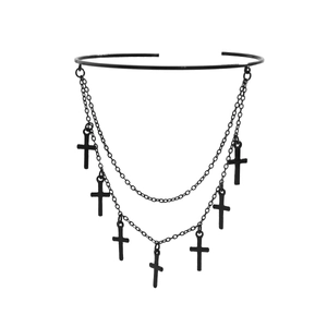 Gothic black choker with layered thin chains and multiple cross pendants detail