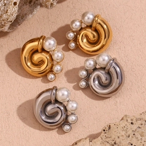 Spiral Vortex Snail Stud Earrings Stainless Steel 18K Gold Plated With Faux Artificial Pearl Vintage French Style For Women