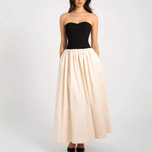 Robe Longue Élégante Sans Bretelles Femmes Contrastées Sans Manches Dos Lacé Taille Haute Ligne A Grand Ourlet