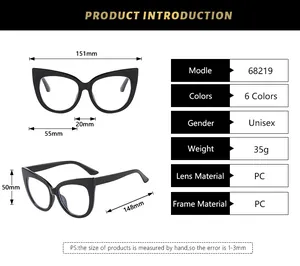 Detailed size chart for retro cat eye glasses frame showing precise measurements in mm