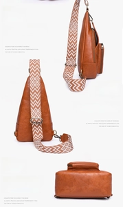 Detail view of brown PU leather crossbody bag showing side, back and bottom construction