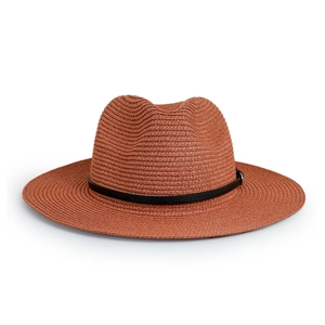 Close-up of brick red fedora straw hat with black leather strap and metal buckle detail