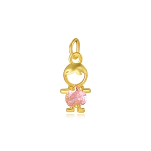 Detailed view of a gold boy charm featuring a pink heart stone for jewelry making