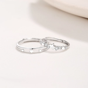 S925 Sterling Silver Star Couple Rings with Inlaid Diamonds and Adjustable Open Band Design