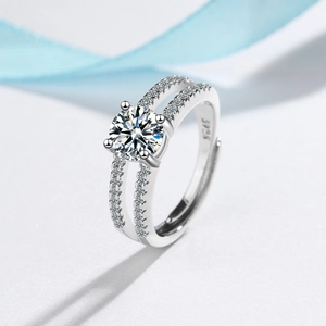 Fashion Copper Open Ring For Women Adjustable Geometric Round Rhinestone Inlaid Silver Plated Elegant Daily Finger Jewelry