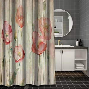 Detail of waterproof polyester shower curtain featuring red poppies on a wood grain background