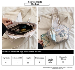 Size chart showing 31x22cm dimensions for the floral canvas tote bag with capacity details