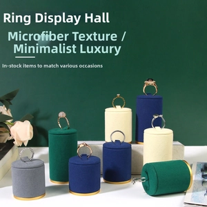 Microfiber velvet ring display stands with gold metal bases in various colors