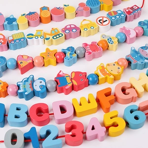 Wooden beads lacing toy set featuring colorful animals and letters for kids learning