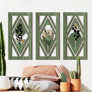 Three-piece set of green rhombus wooden wall art featuring botanical patterns and gold accents
