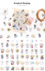 Detail of Flower Fairy vintage stickers with floral patterns in pots and boots