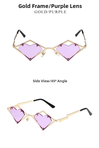 Macro detail of heart-shaped purple lenses with gold metal frames from front and side views