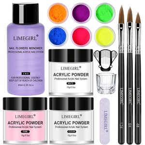 Professional acrylic nail kit with monomer liquid, powders, brushes and tools for beginners