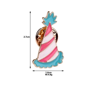 Detail view of party hat enamel pin showing dimensions 2.7x1.6cm and 4.8g weight