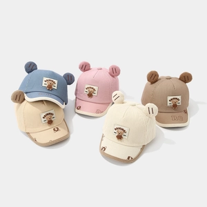 Cute corduroy baby baseball caps with bear ears in multiple colors for toddlers