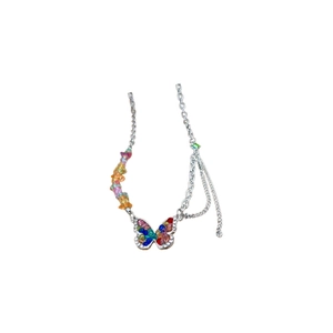 Stainless steel butterfly necklace with colorful stones and double chain design