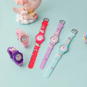 Close-up of colorful 3D silicone unicorn watches for girls with cute rainbow patterns