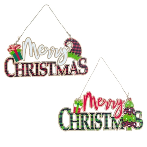 Wooden Merry Christmas hanging signs with red and green plaid patterns and hemp rope