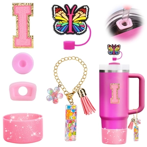 Pink Stanley cup accessory set with letter I patch, butterfly straw cap and boot