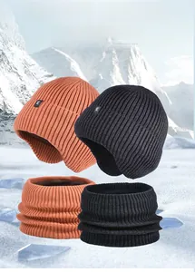 Winter knit hat and neck gaiter set with fleece lining for outdoor skiing protection